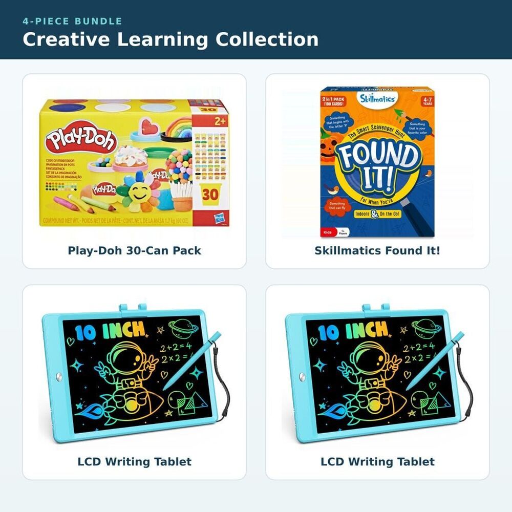 4-Piece Kids Creative Learning Bundle Play-Doh LCD Tablets Skillmatics